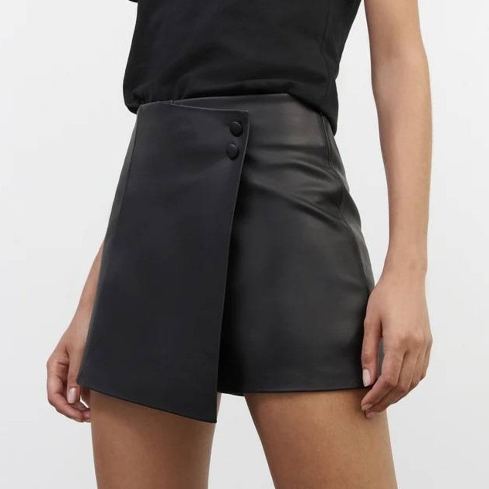 Marcella NYC Black Lindy Vegan Leather Wrap Mini Skort Size Large